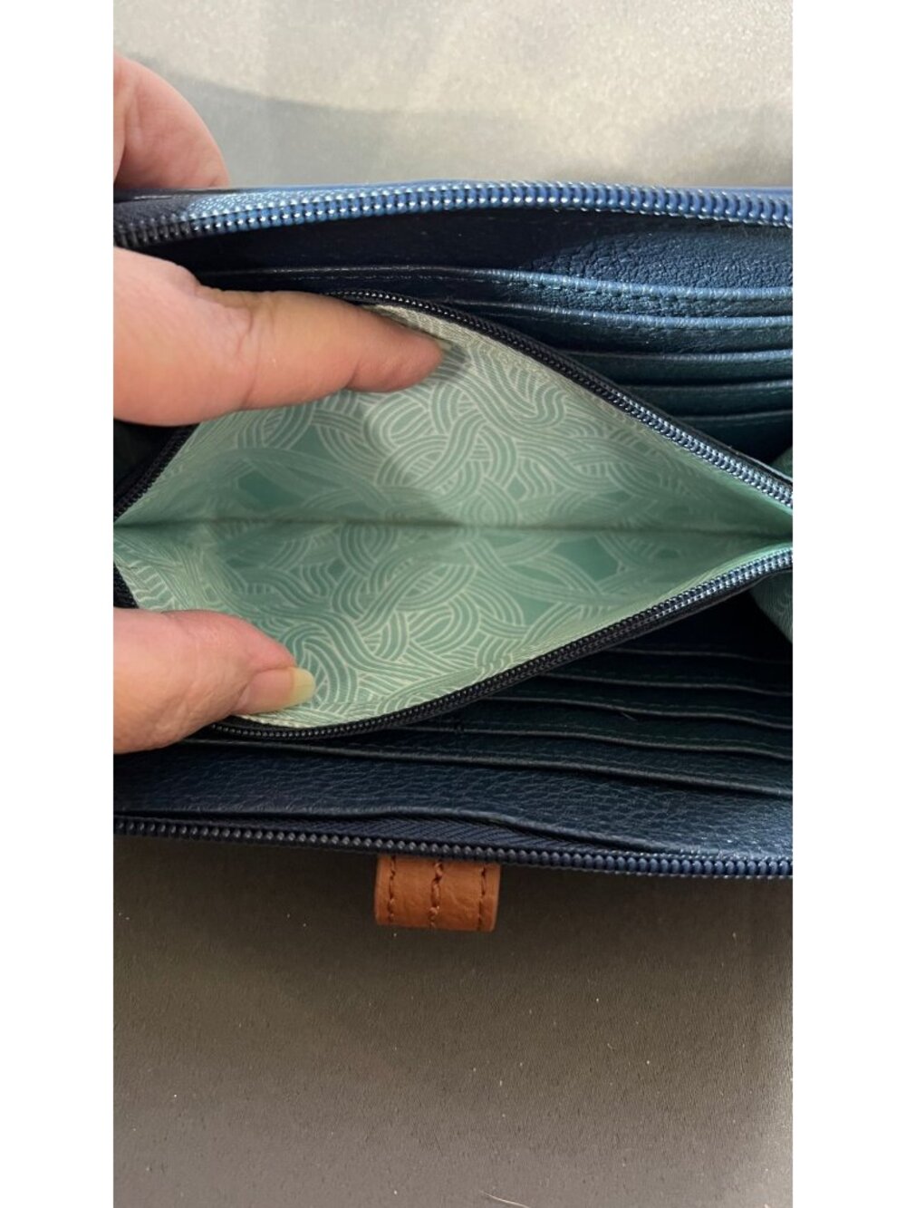 The Sak Blue Leather Wristlet Wallet With Brown Accents Logo Design - Picture 5 of 6